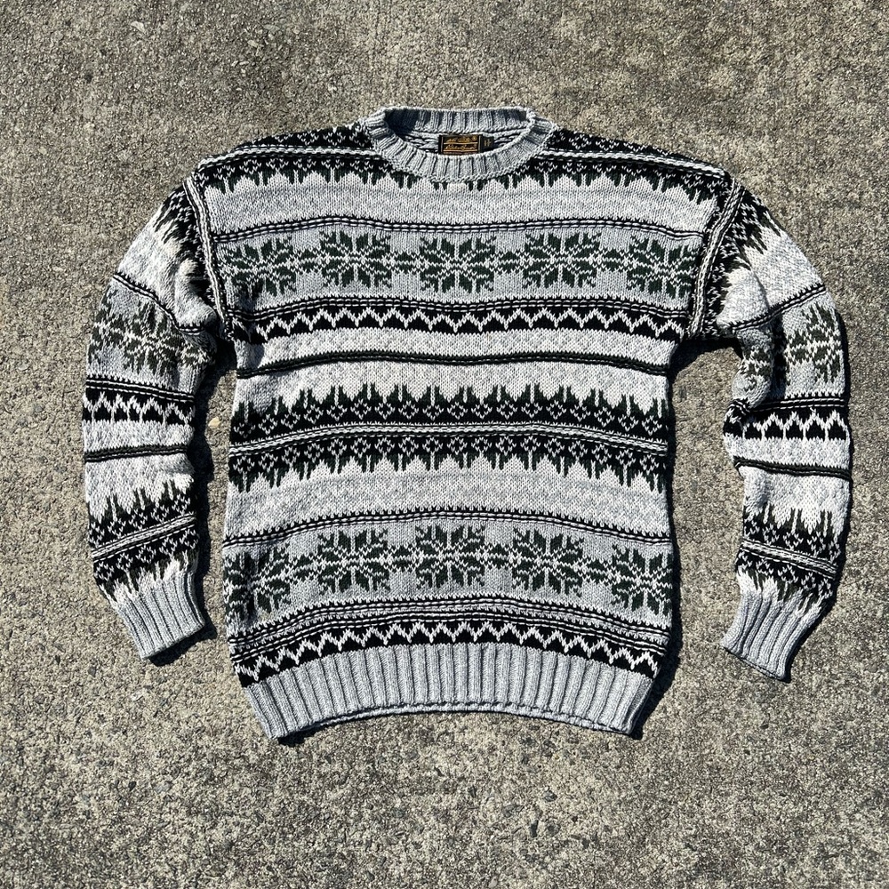 Vintage 80s/90s Eddie Bauer Cotton Knit Patterned Isle Sweater USA Made Size L